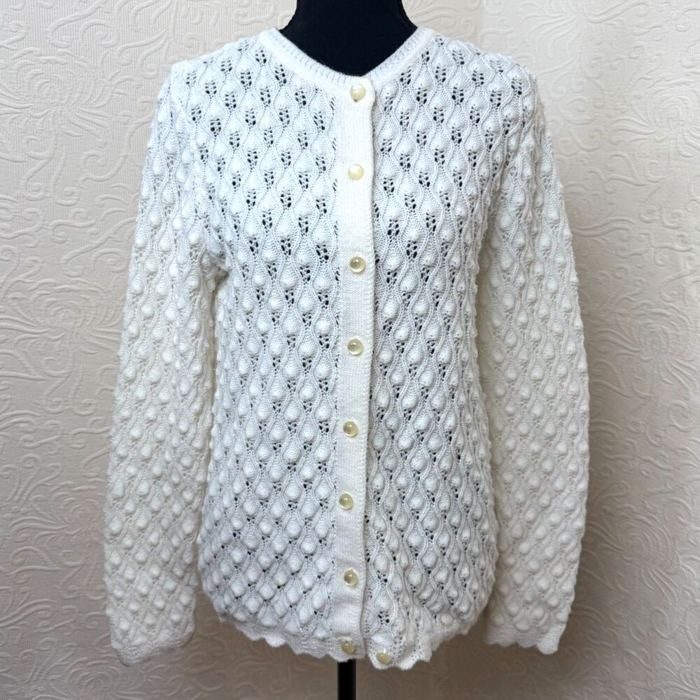 Vintage 60s British Vogue Knit Cardigan Sweater White Coquette Shabby Chic